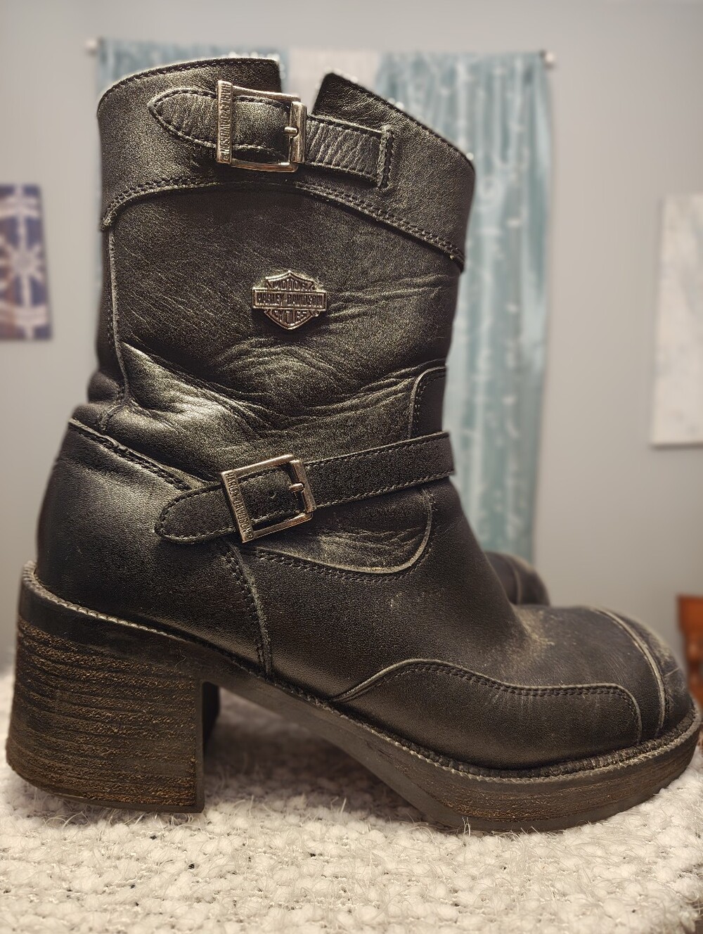Vintage Harley Davidson Gypsy Boots Black Leather Chunky Block Heel Double Buckl